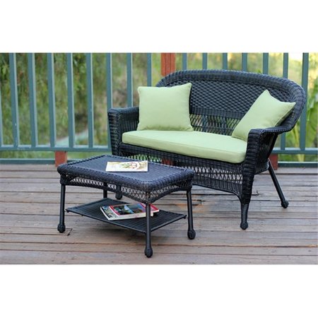 JECO Jeco W00207-LCS029 Black Wicker Patio Love Seat And Coffee Table Set With Green Cushion W00207-LCS029